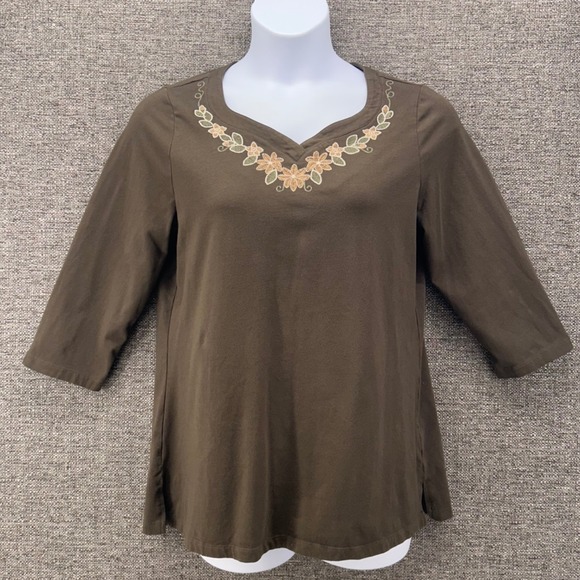 Denim And Co Womens Tunic Blouse Medium Boho Floral Embroidery Casual Side Slit - Picture 1 of 14